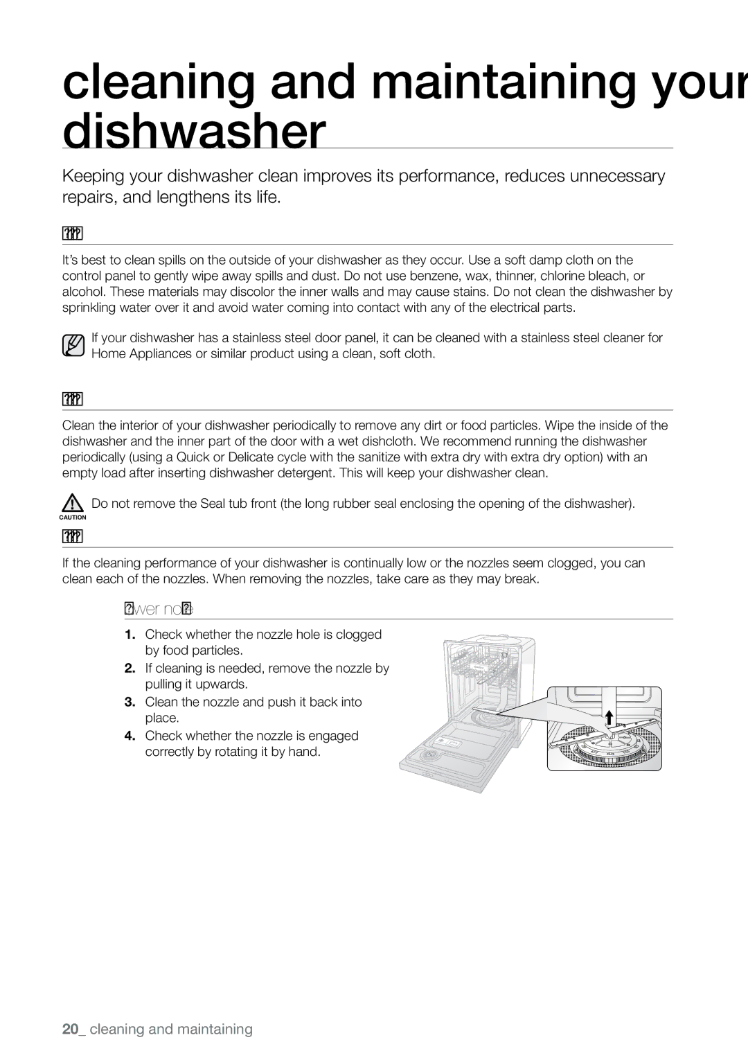 Samsung DMR78 Cleaning and maintaining your dishwasher, Cleaning the exterior, Cleaning the interior, Cleaning the nozzles 