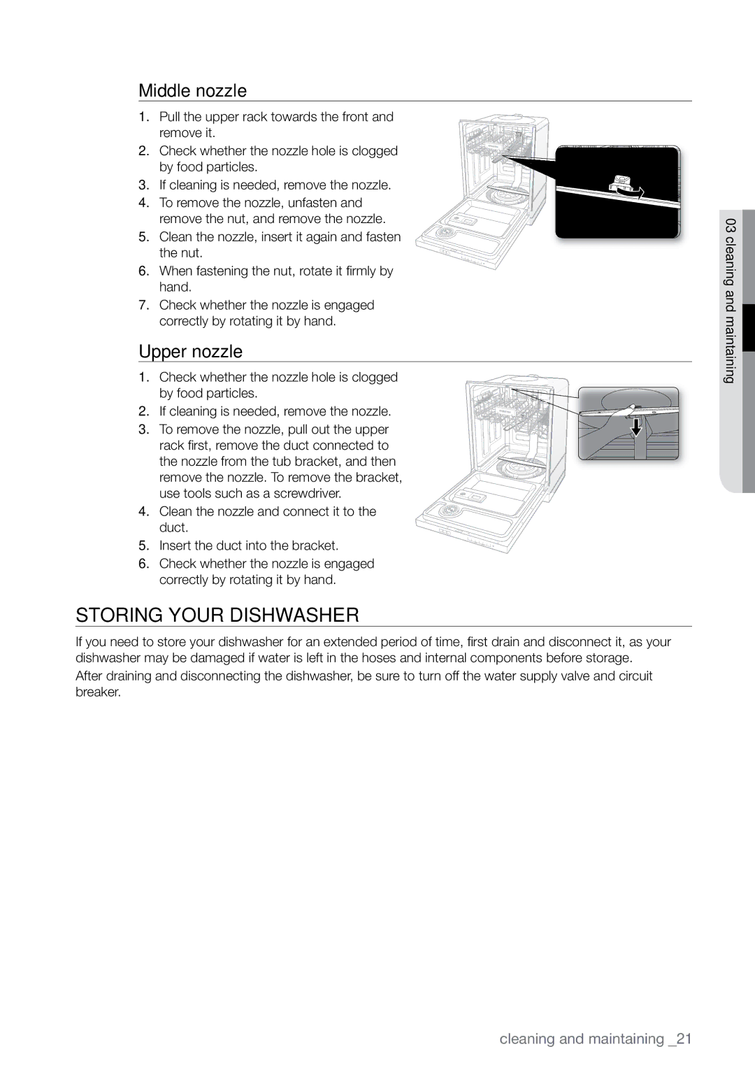 Samsung DMR78 manual Storing your dishwasher, Middle nozzle, Upper nozzle 