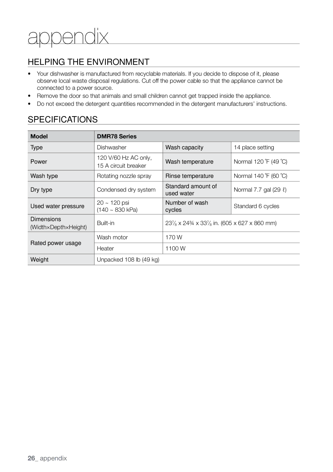 Samsung manual Appendix, Helping the environment, Specifications, Model DMR78 Series 