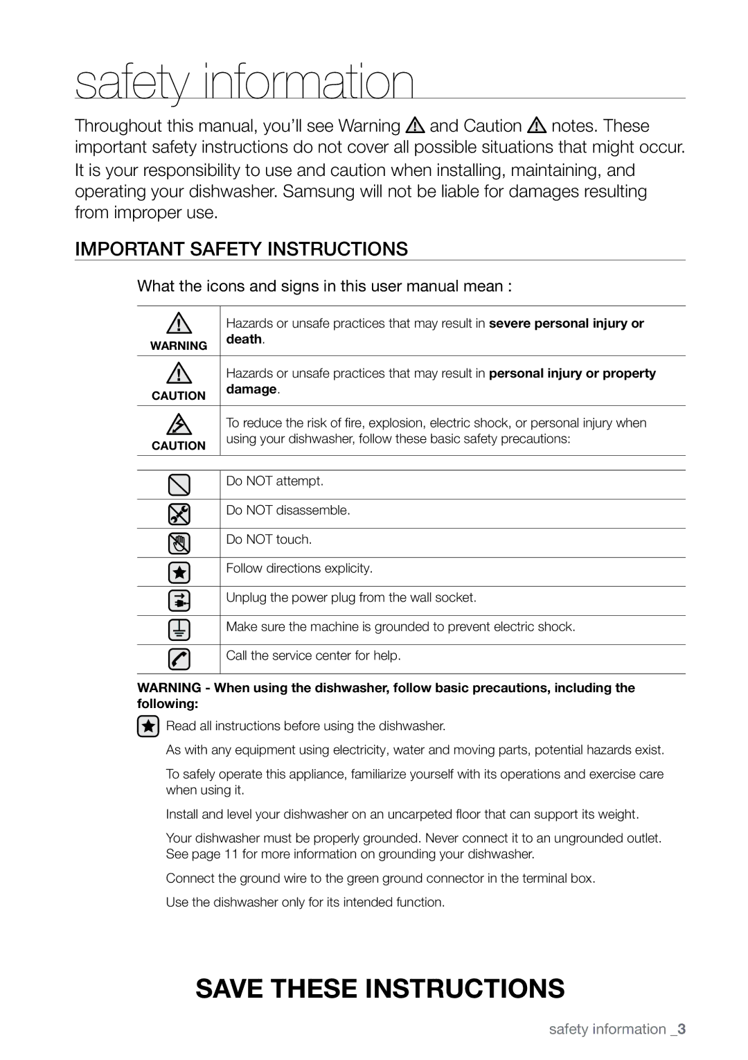 Samsung DMR78 manual Safety information, Important safety instructions, Death, Damage 