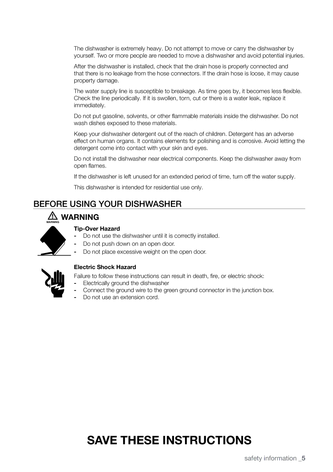 Samsung DMR78 manual Before using your dishwasher, Tip-Over Hazard, Electric Shock Hazard 