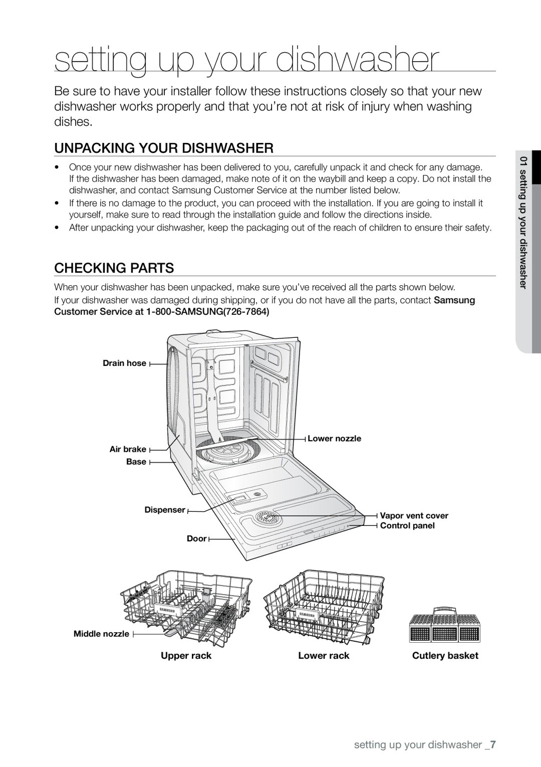 Samsung DMR78 Setting up your dishwasher, Unpacking your dishwasher, Checking parts, Upper rack Lower rack Cutlery basket 