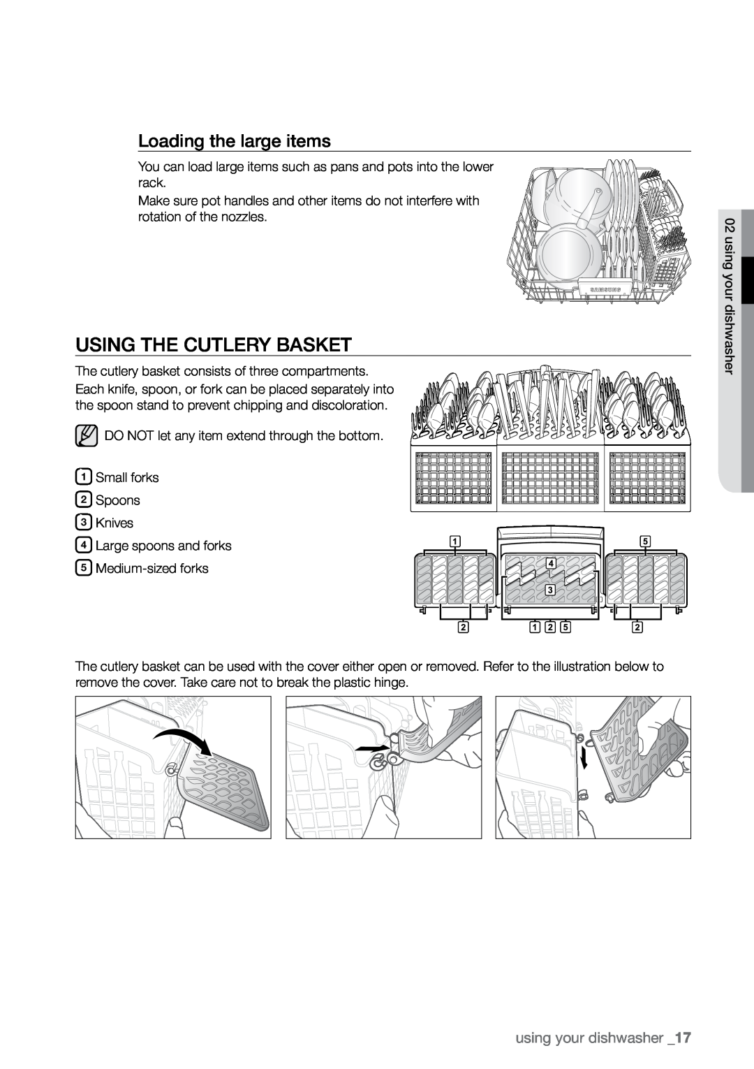 Samsung DMR78 manual Using the cutlery basket, Loading the large items, using your dishwasher 
