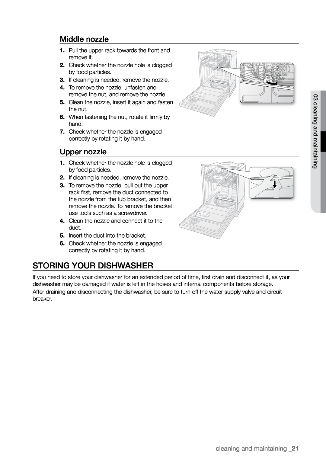 Samsung DMR78 manual Storing your dishwasher, Middle nozzle, Upper nozzle, cleaning and maintaining 