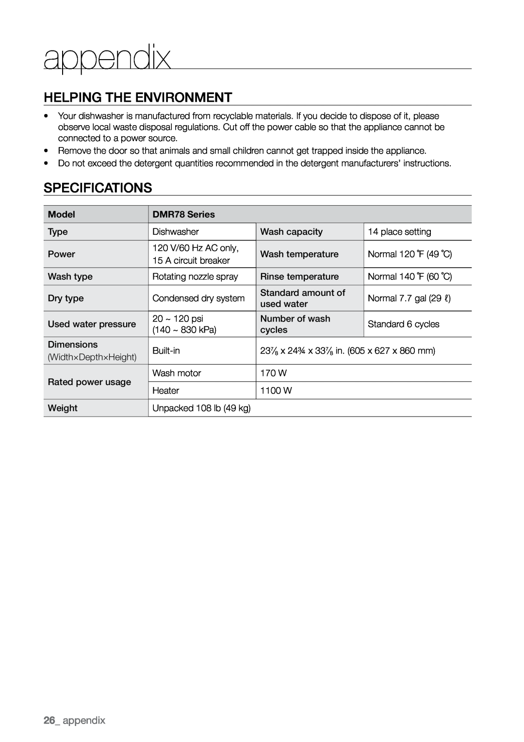 Samsung manual appendix, Helping the environment, Specifications, Model, DMR78 Series 