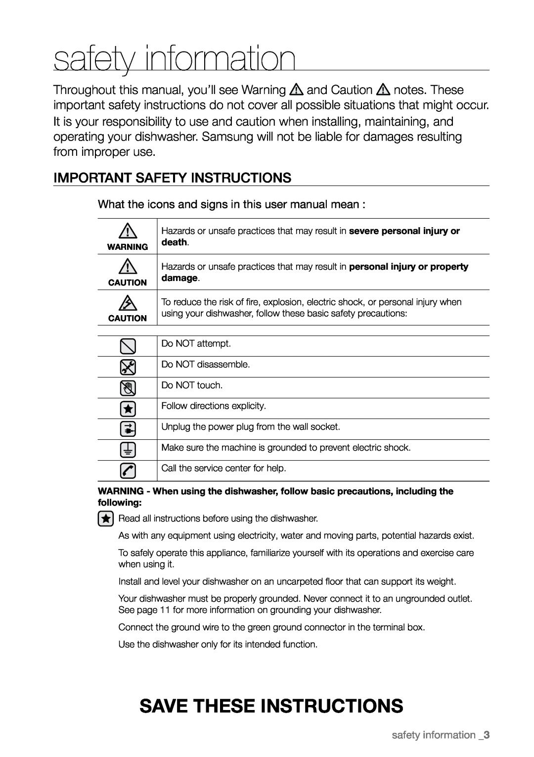Samsung DMR78 manual safety information, Save these instructions, Important safety instructions 