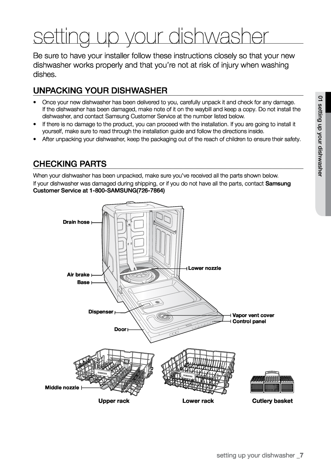 Samsung DMR78 manual Unpacking your dishwasher, Checking parts, setting up your dishwasher , Upper rack, Lower rack 