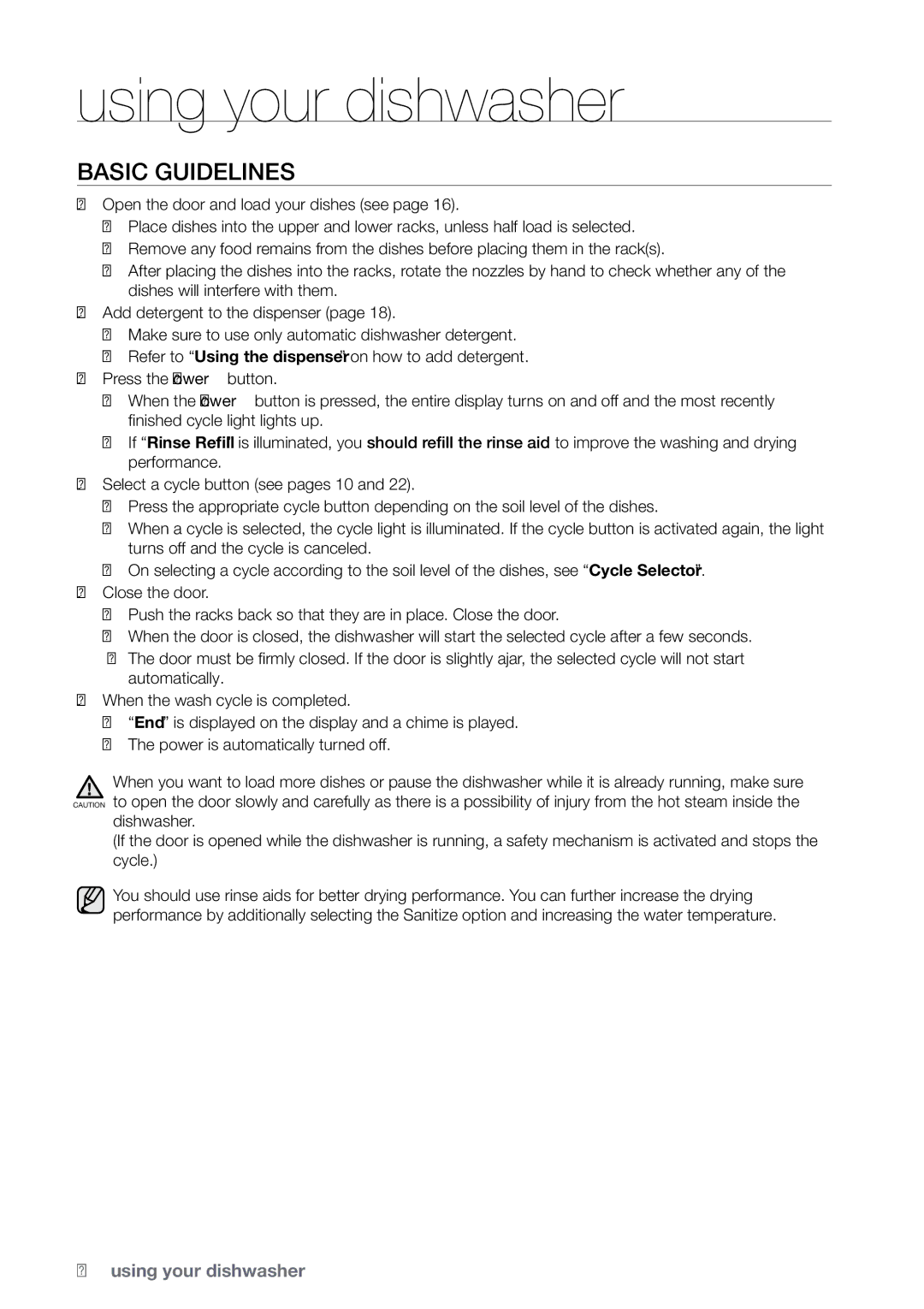 Samsung DMRLHB, DMRLHW, DMRLHS, DMR77LHS user manual Using your dishwasher, Basic guidelines 