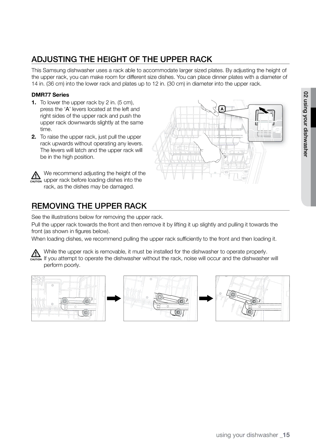 Samsung DMR77LHS, DMRLHB, DMRLHW, DMRLHS user manual Adjusting the height of the upper rack, Removing the upper rack 