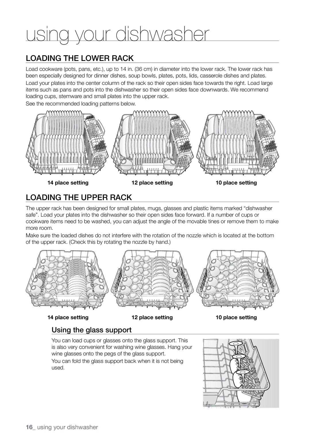 Samsung DMRLHB, DMRLHW, DMRLHS Loading the lower rack, Loading the upper rack, Using the glass support, Place setting 