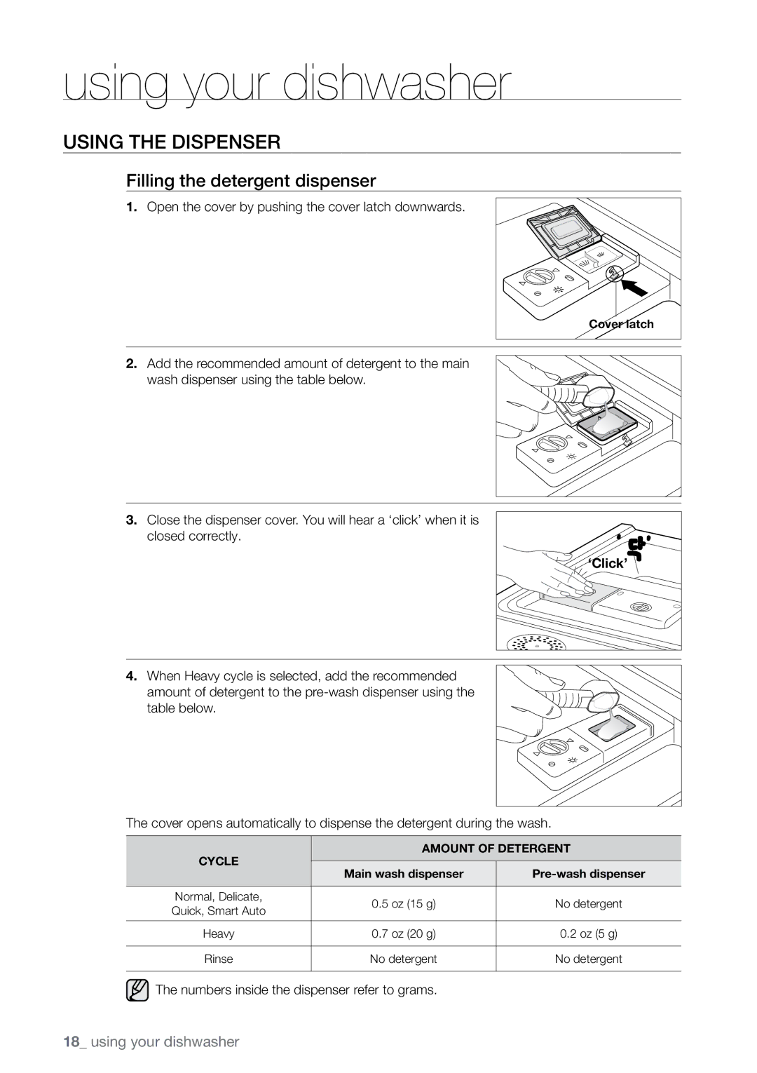 Samsung DMRLHS, DMRLHB, DMRLHW, DMR77LHS user manual Using the dispenser, Filling the detergent dispenser, ‘Click’ 