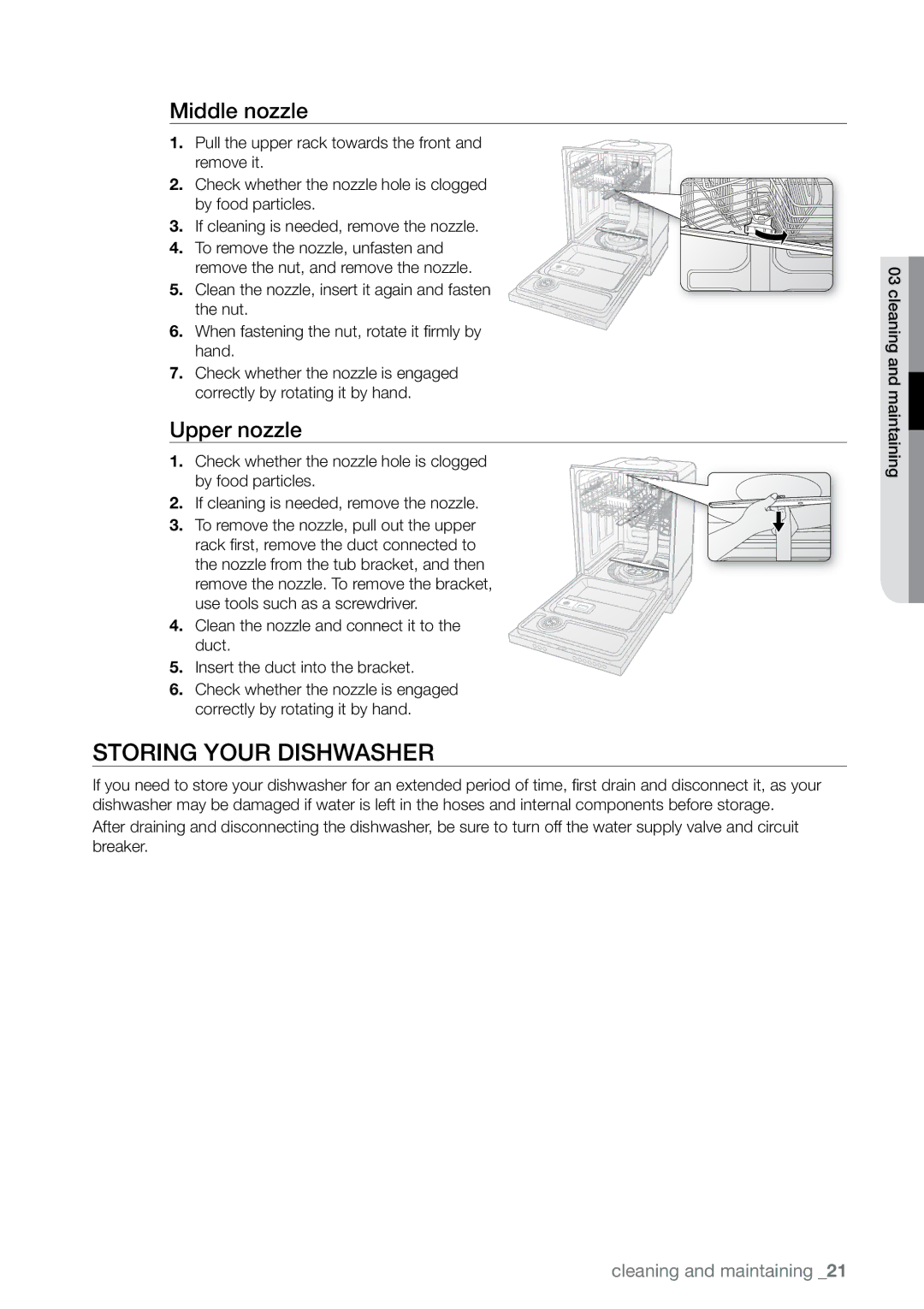 Samsung DMRLHW, DMRLHB, DMRLHS, DMR77LHS user manual Storing your dishwasher, Middle nozzle, Upper nozzle 