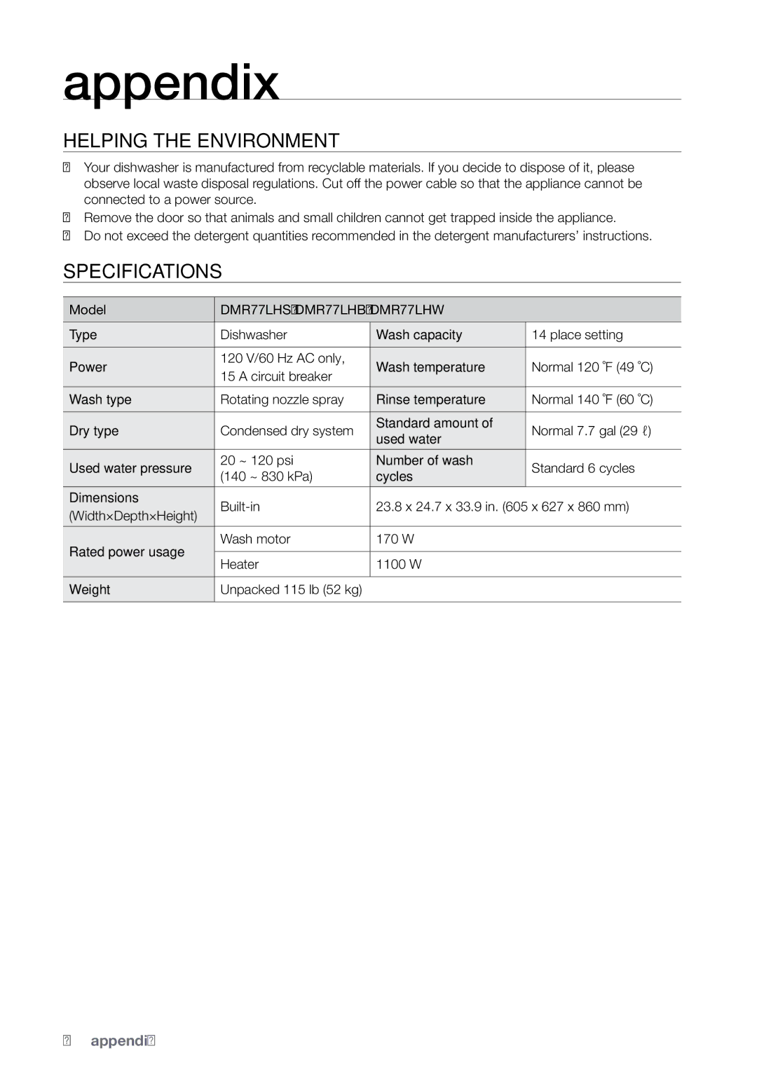 Samsung DMRLHS, DMRLHB, DMRLHW Appendix, Helping the environment, Specifications, Model, DMR77LHS, DMR77LHB, DMR77LHW 