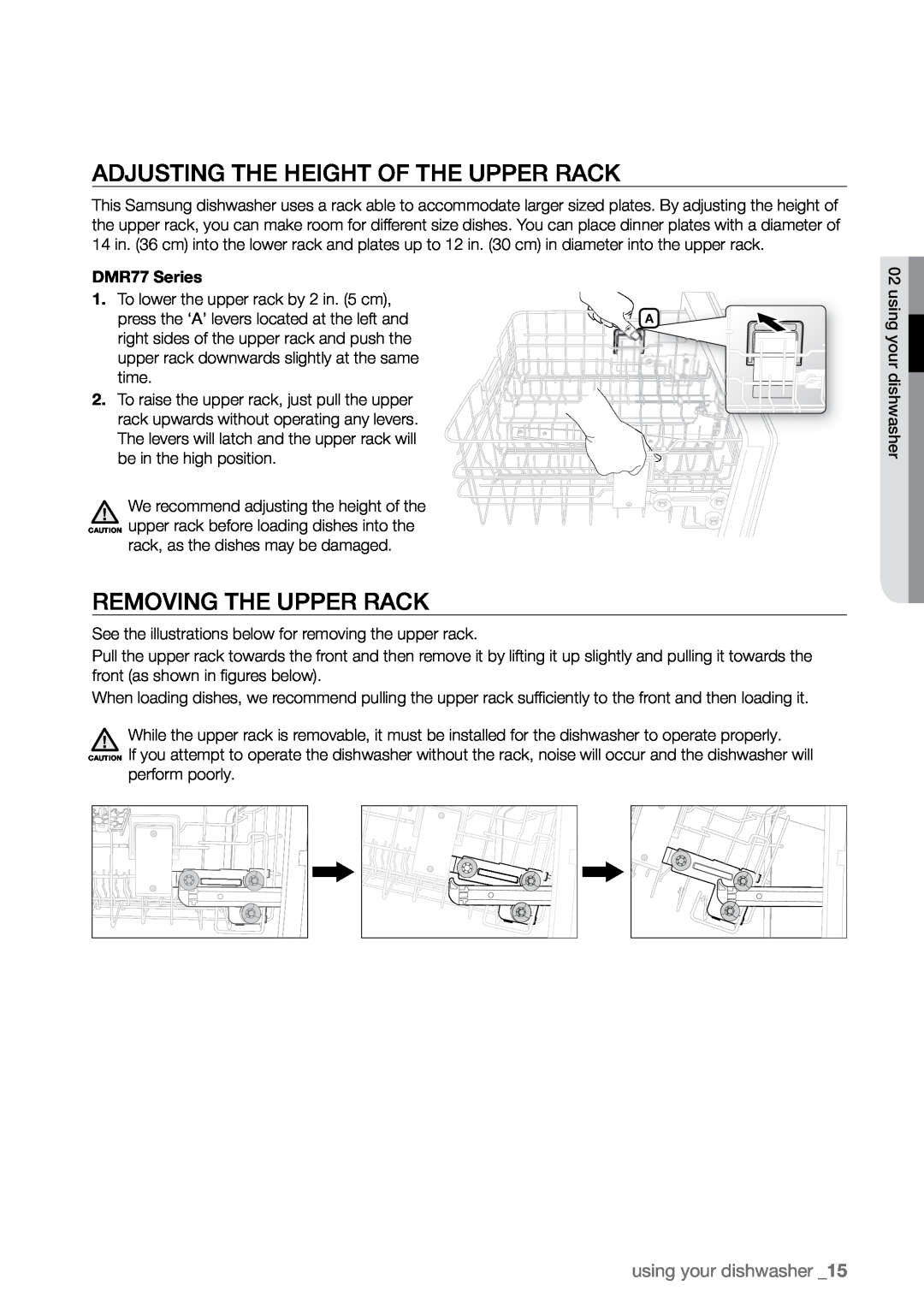 Samsung DMR77LHS Adjusting the height of the upper rack, Removing the upper rack, using your dishwasher, DMR77 Series 