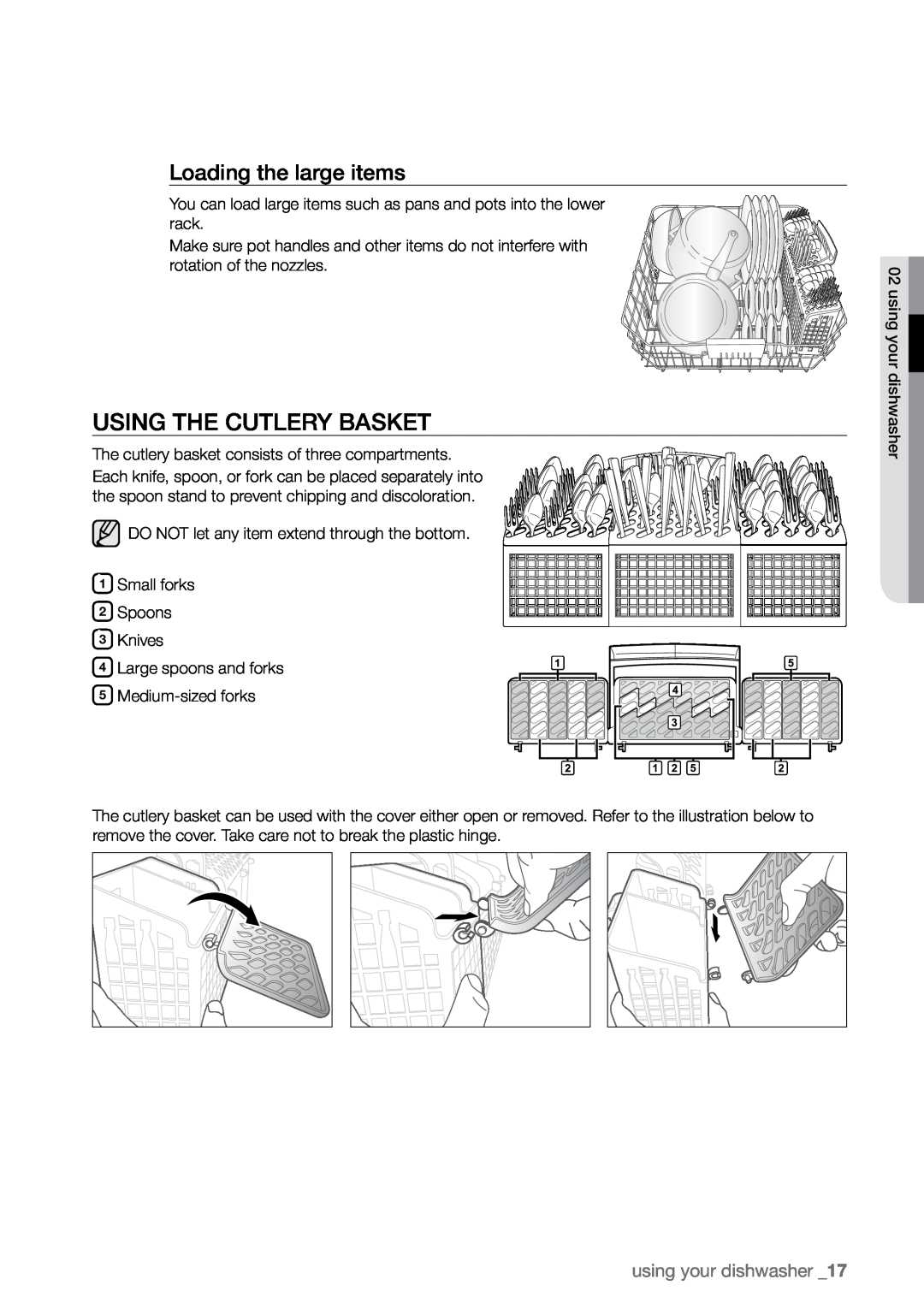 Samsung DMRLHW, DMRLHB, DMRLHS, DMR77LHS user manual Using the cutlery basket, Loading the large items, using your dishwasher 