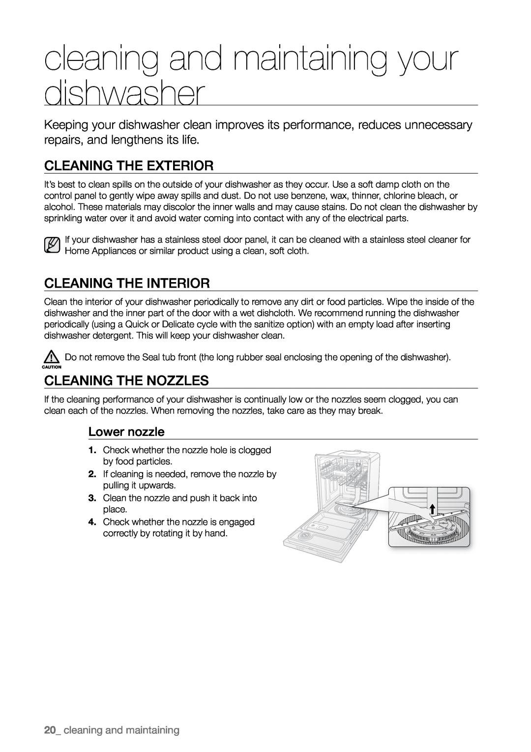 Samsung DMRLHB cleaning and maintaining your dishwasher, Cleaning the exterior, Cleaning the interior, Lower nozzle 