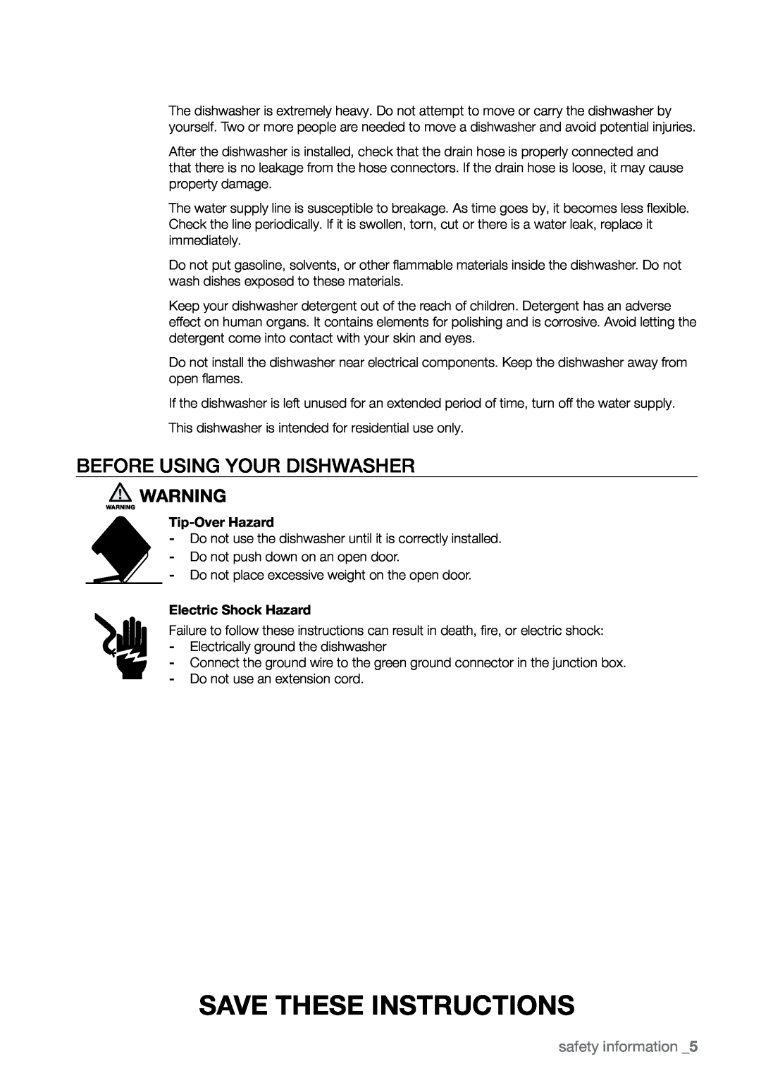 Samsung DMRLHW, DMRLHB Before using your dishwasher, Tip-Over Hazard, Electric Shock Hazard, Save these instructions 