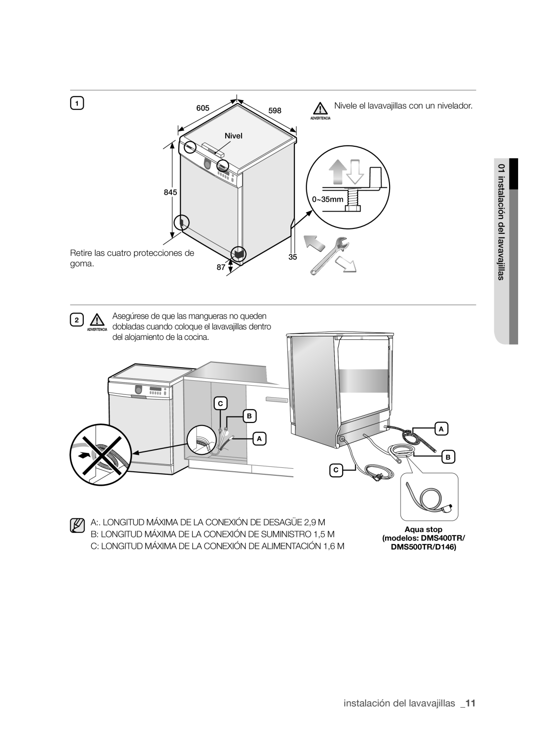 Samsung DMS301TRW/XEC, DMS301TRS/XEC manual Longitud Máxima DE LA Conexión DE Desagüe 2,9 M 