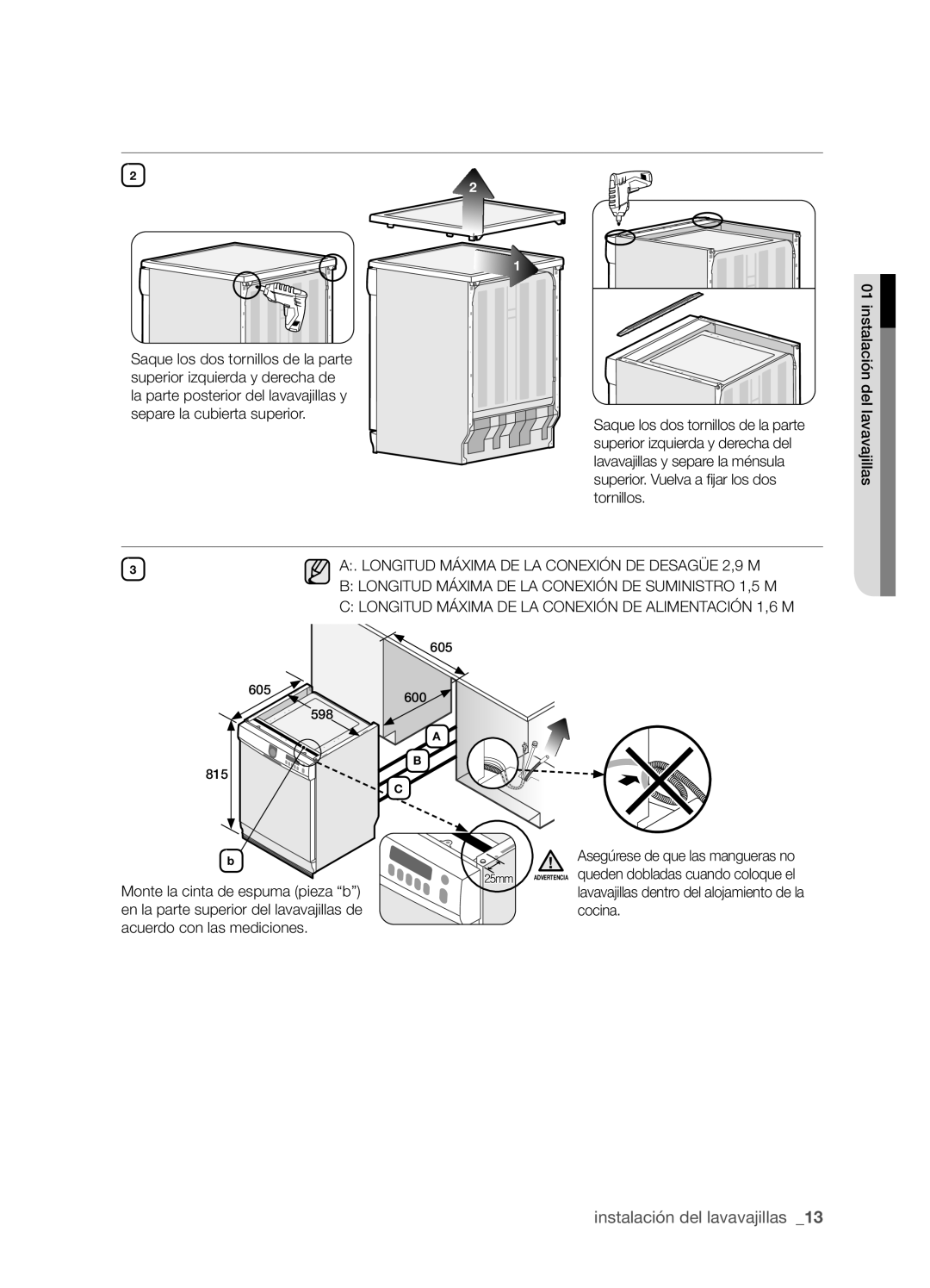 Samsung DMS301TRW/XEC, DMS301TRS/XEC manual Lavavajillas dentro del alojamiento de la cocina 