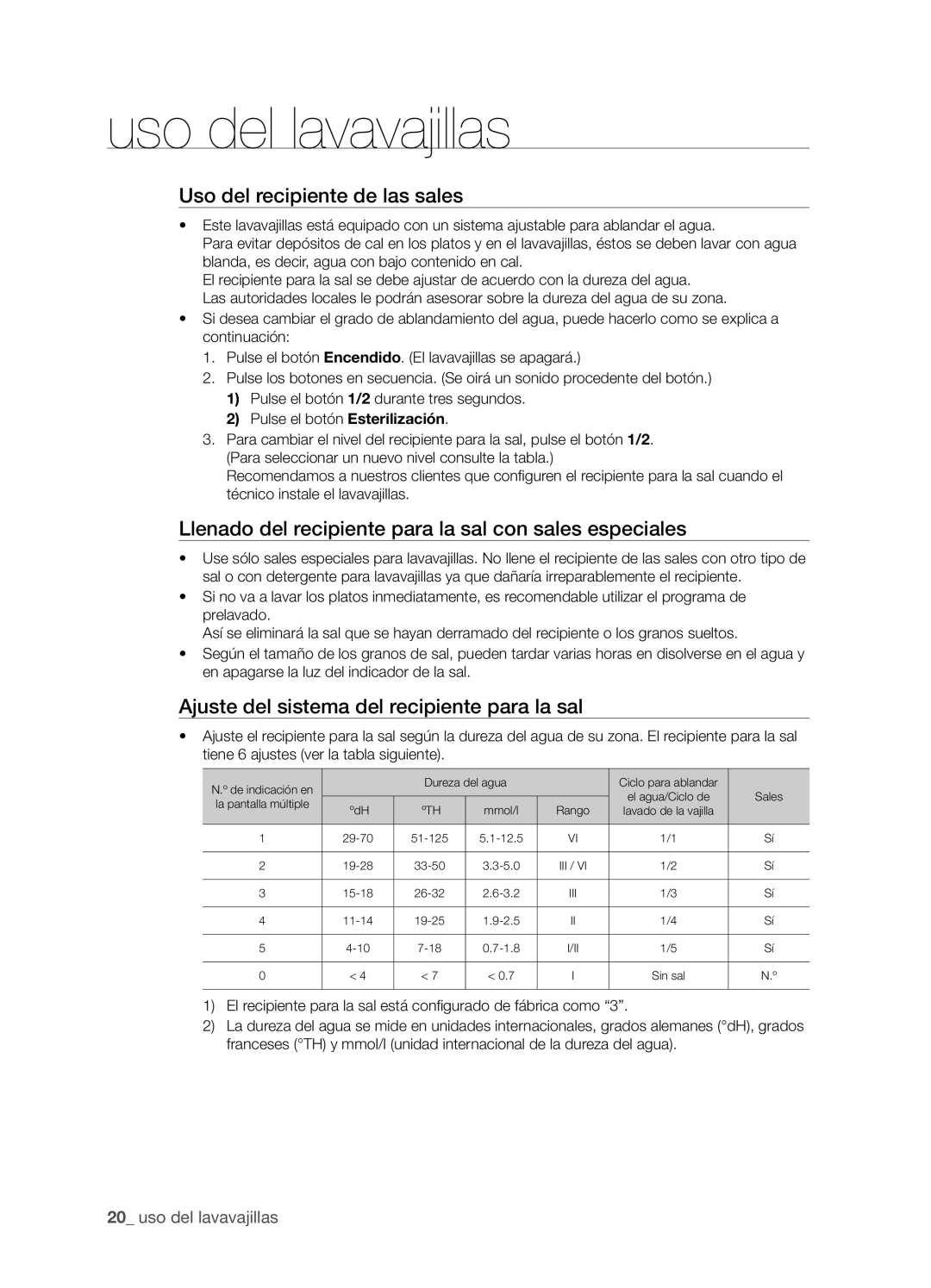 Samsung DMS301TRS/XEC manual Uso del recipiente de las sales, Llenado del recipiente para la sal con sales especiales 