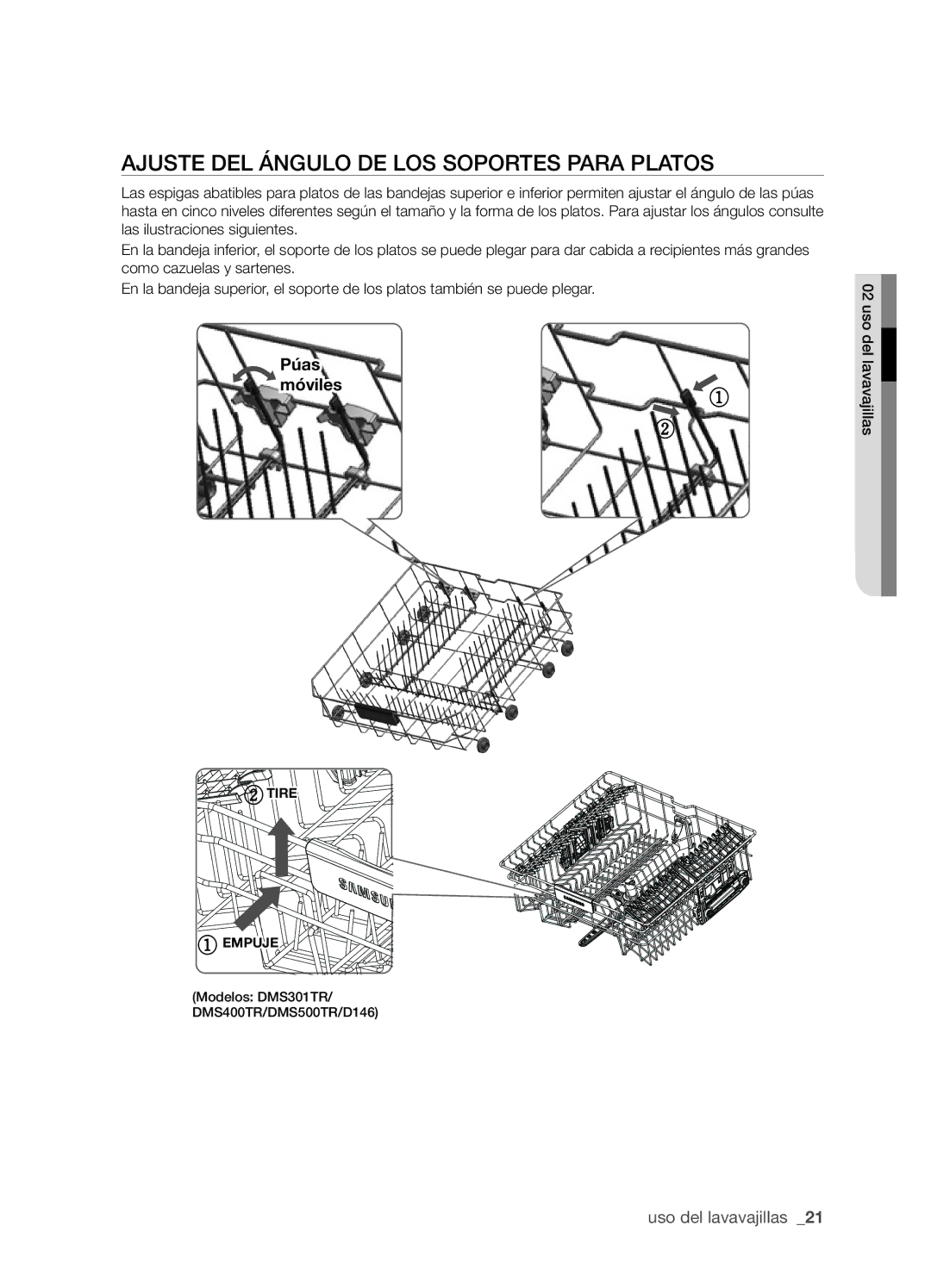 Samsung DMS301TRW/XEC, DMS301TRS/XEC manual Ajuste del ángulo de los soportes para platos, Móviles 