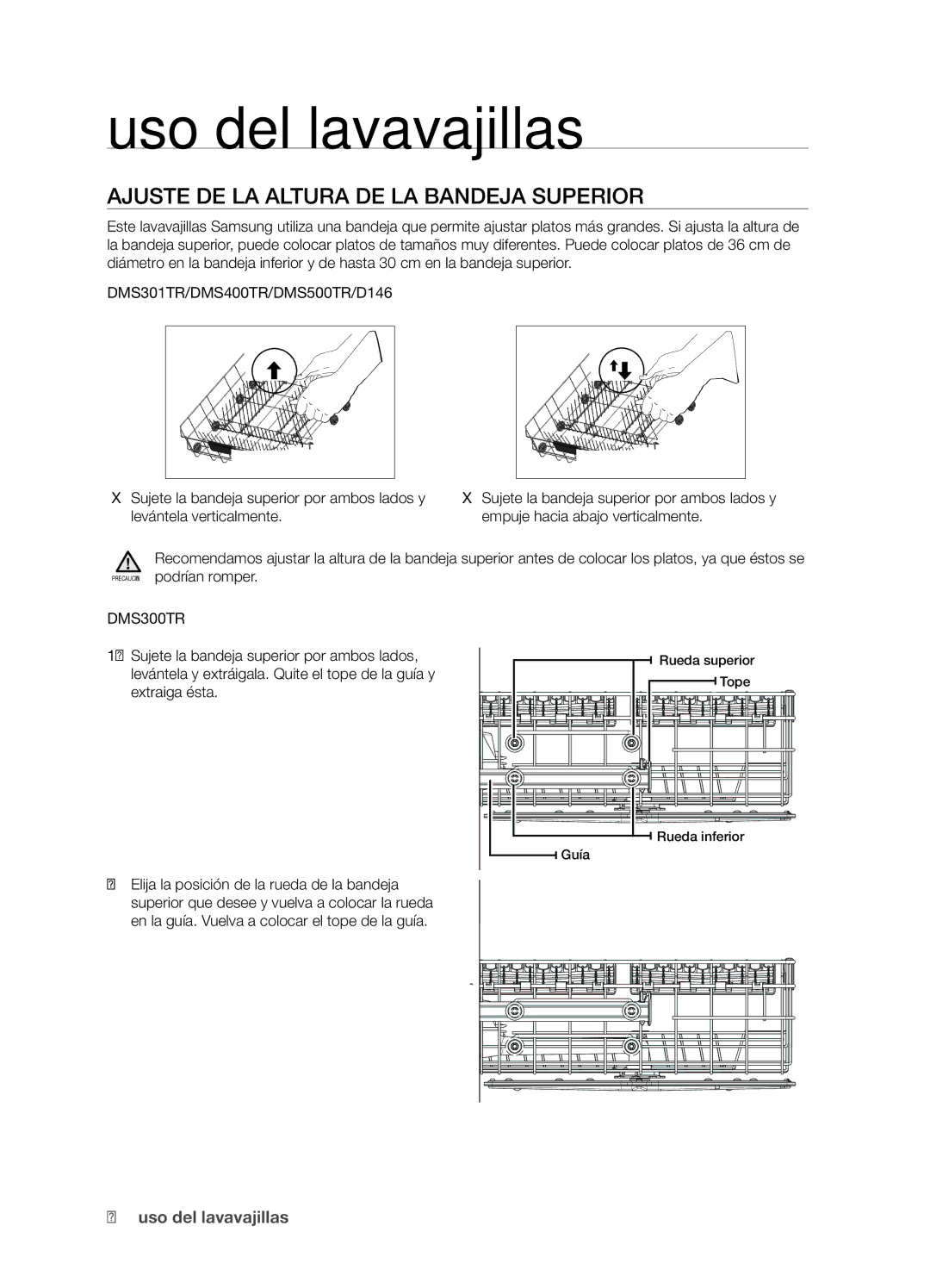 Samsung DMS301TRS/XEC, DMS301TRW/XEC Ajuste de la altura de la bandeja superior, DMS301TR/DMS400TR/DMS500TR/D146, DMS300TR 