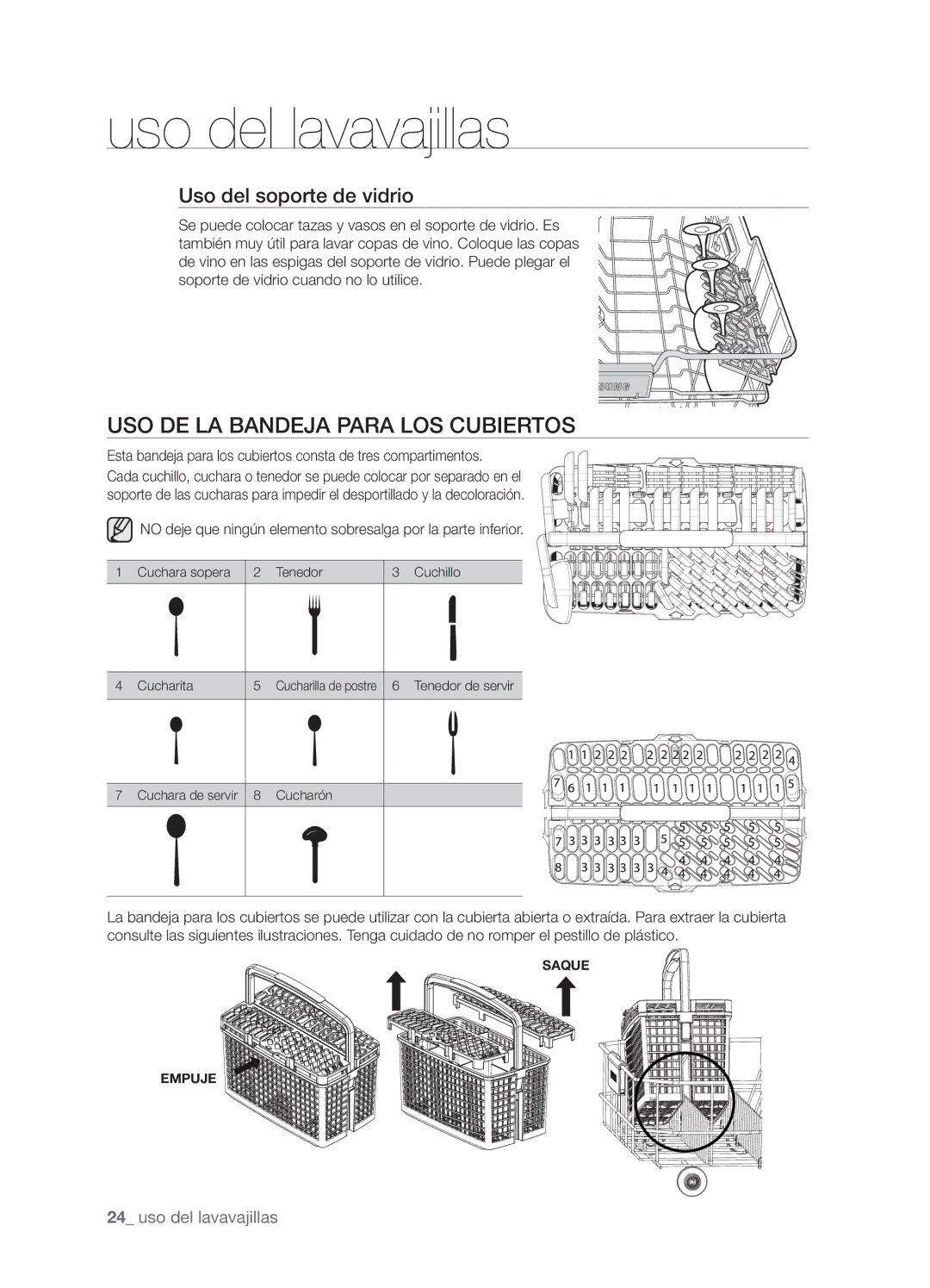 Samsung DMS301TRS/XEC, DMS301TRW/XEC manual Uso de la bandeja para los cubiertos, Uso del soporte de vidrio 