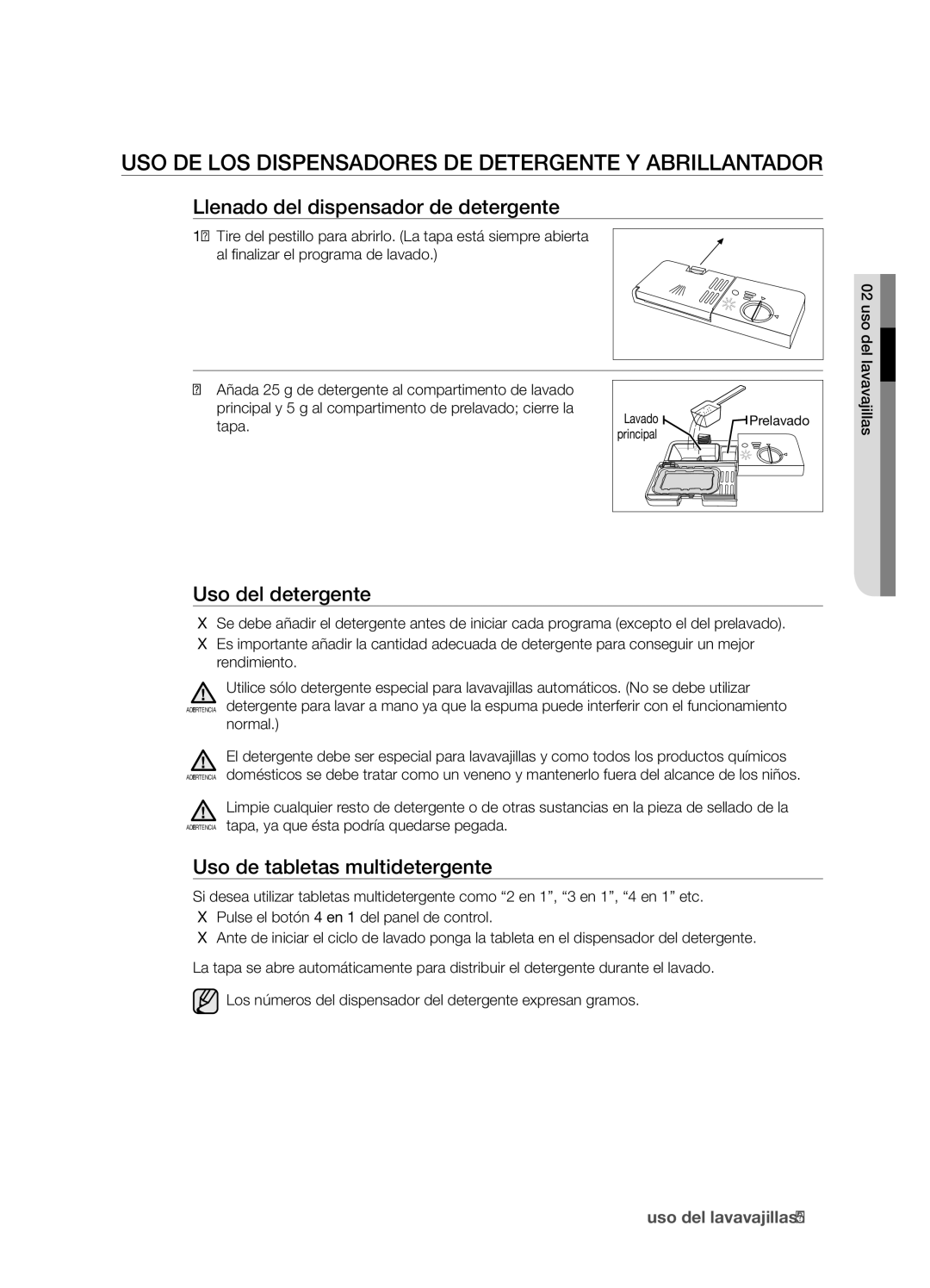 Samsung DMS301TRW/XEC manual Uso de los dispensadores de detergente y abrillantador, Llenado del dispensador de detergente 