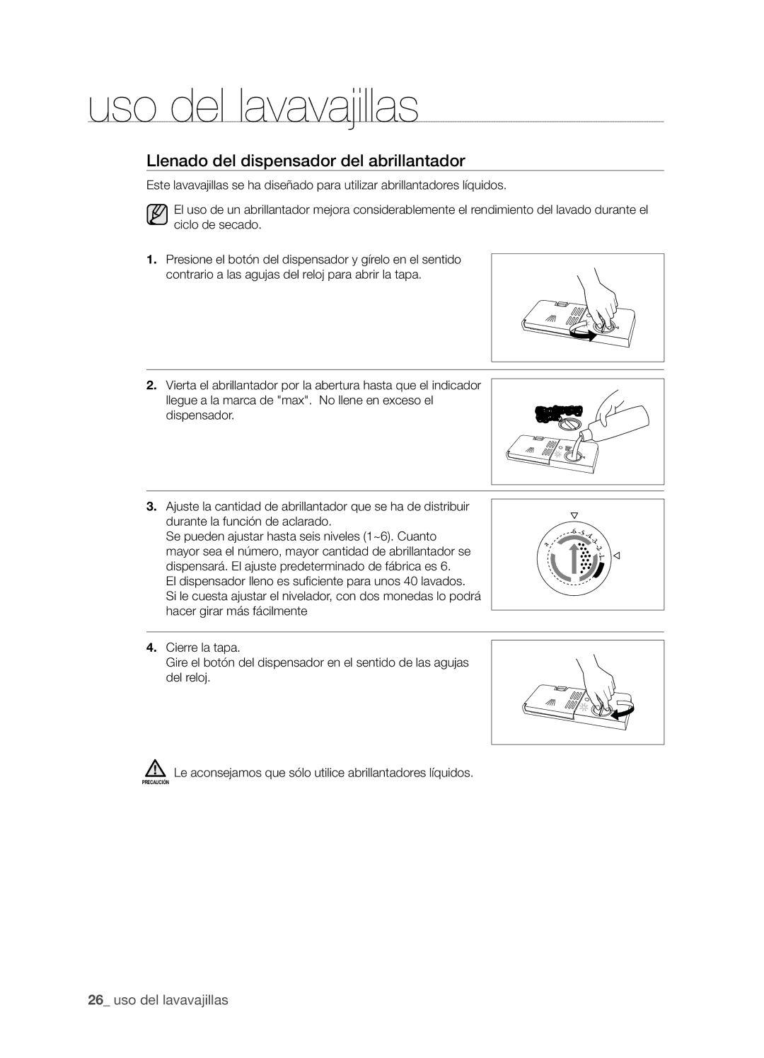 Samsung DMS301TRS/XEC, DMS301TRW/XEC manual Llenado del dispensador del abrillantador 