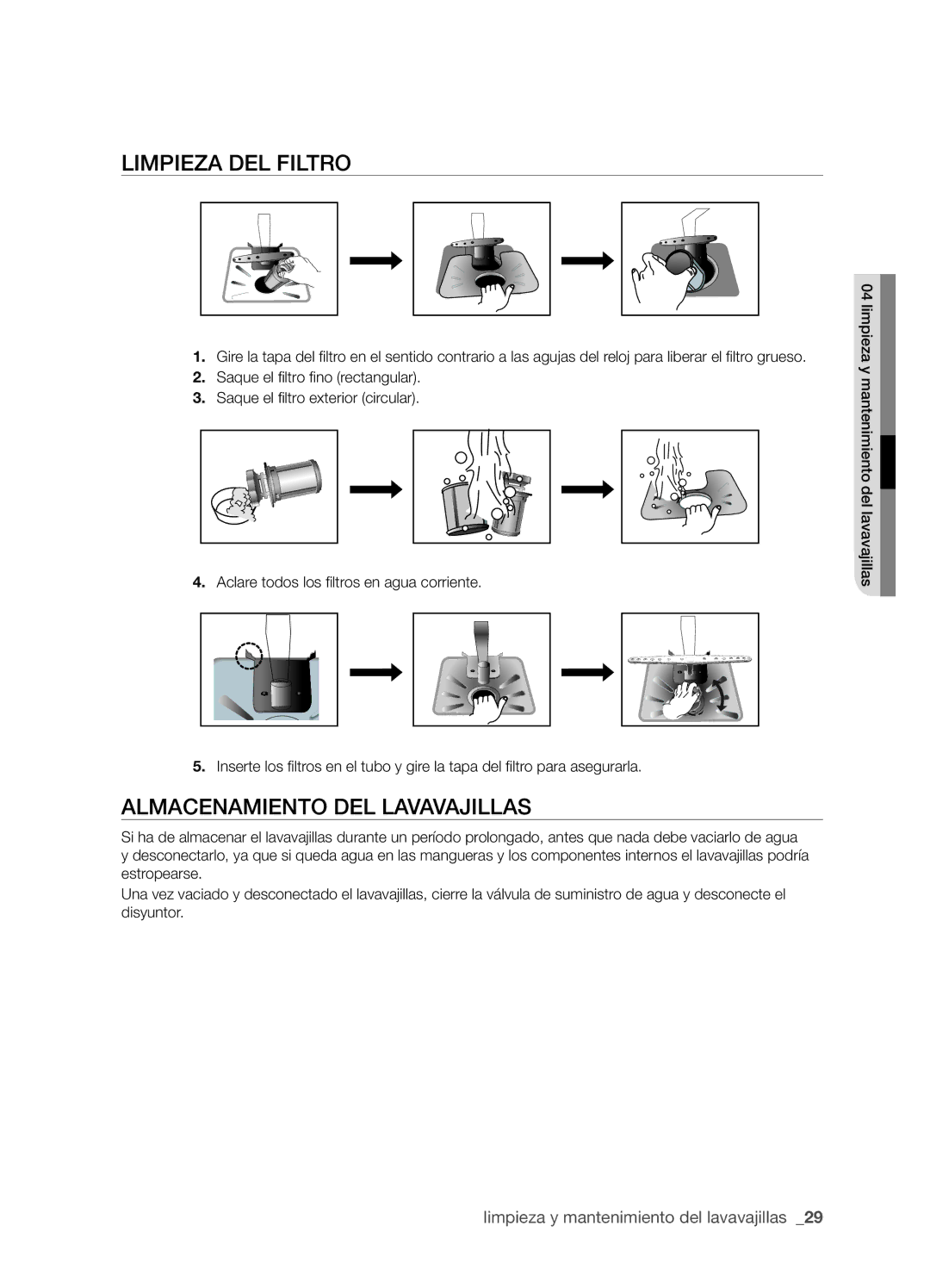 Samsung DMS301TRW/XEC, DMS301TRS/XEC manual Limpieza del filtro, Almacenamiento del lavavajillas 