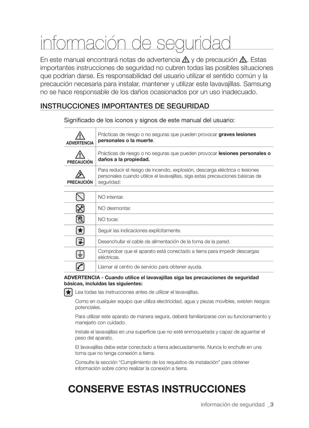 Samsung DMS301TRW/XEC manual Información de seguridad, Instrucciones importantes de seguridad, Personales o la muerte 