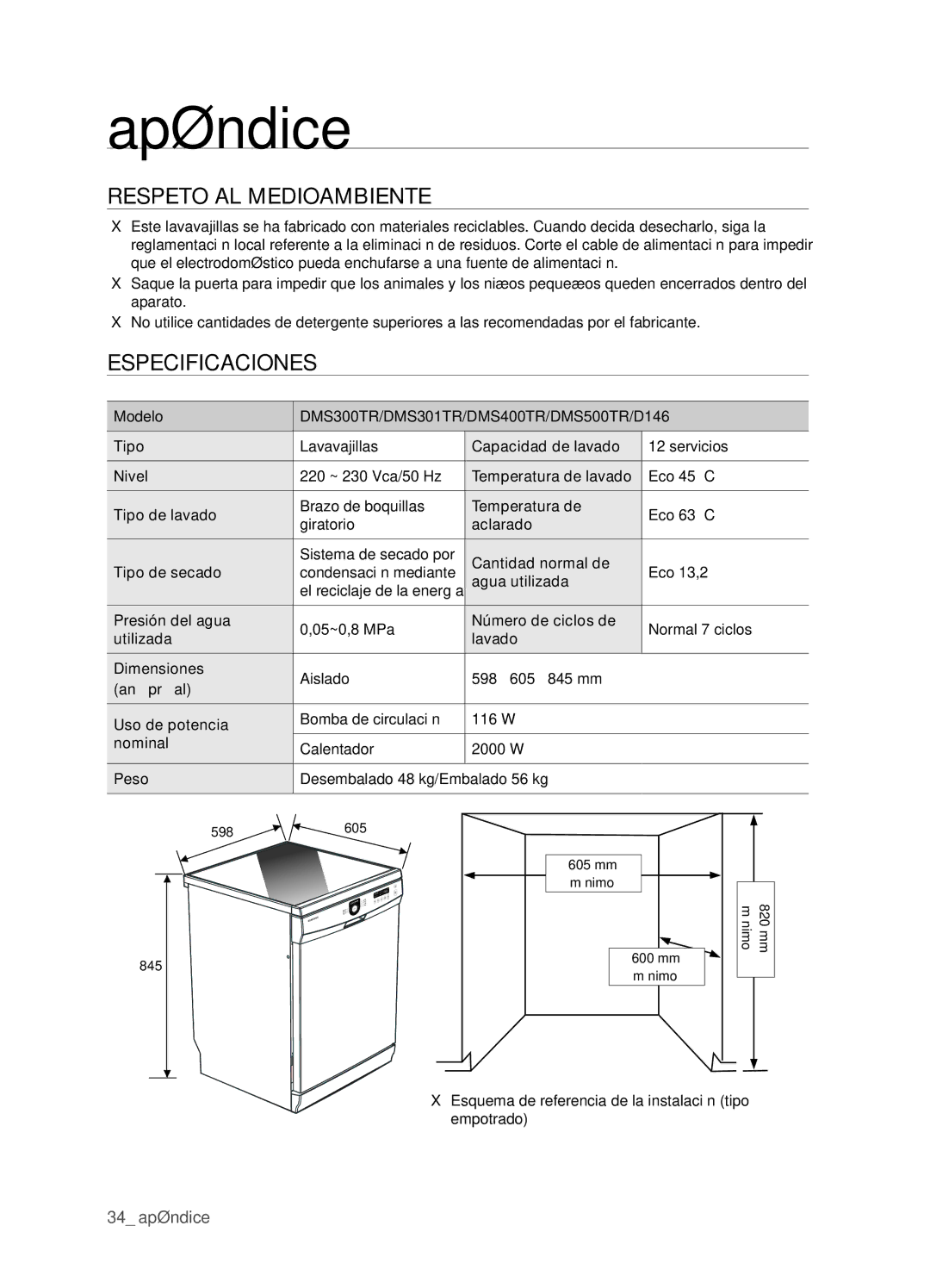 Samsung DMS301TRS/XEC manual Respeto al medioambiente, Especificaciones, Modelo, DMS300TR/DMS301TR/DMS400TR/DMS500TR/D146 