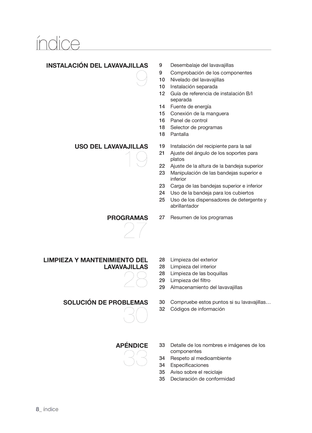 Samsung DMS301TRS/XEC, DMS301TRW/XEC manual Índice, Instalación del lavavajillas Uso del lavavajillas Programas 