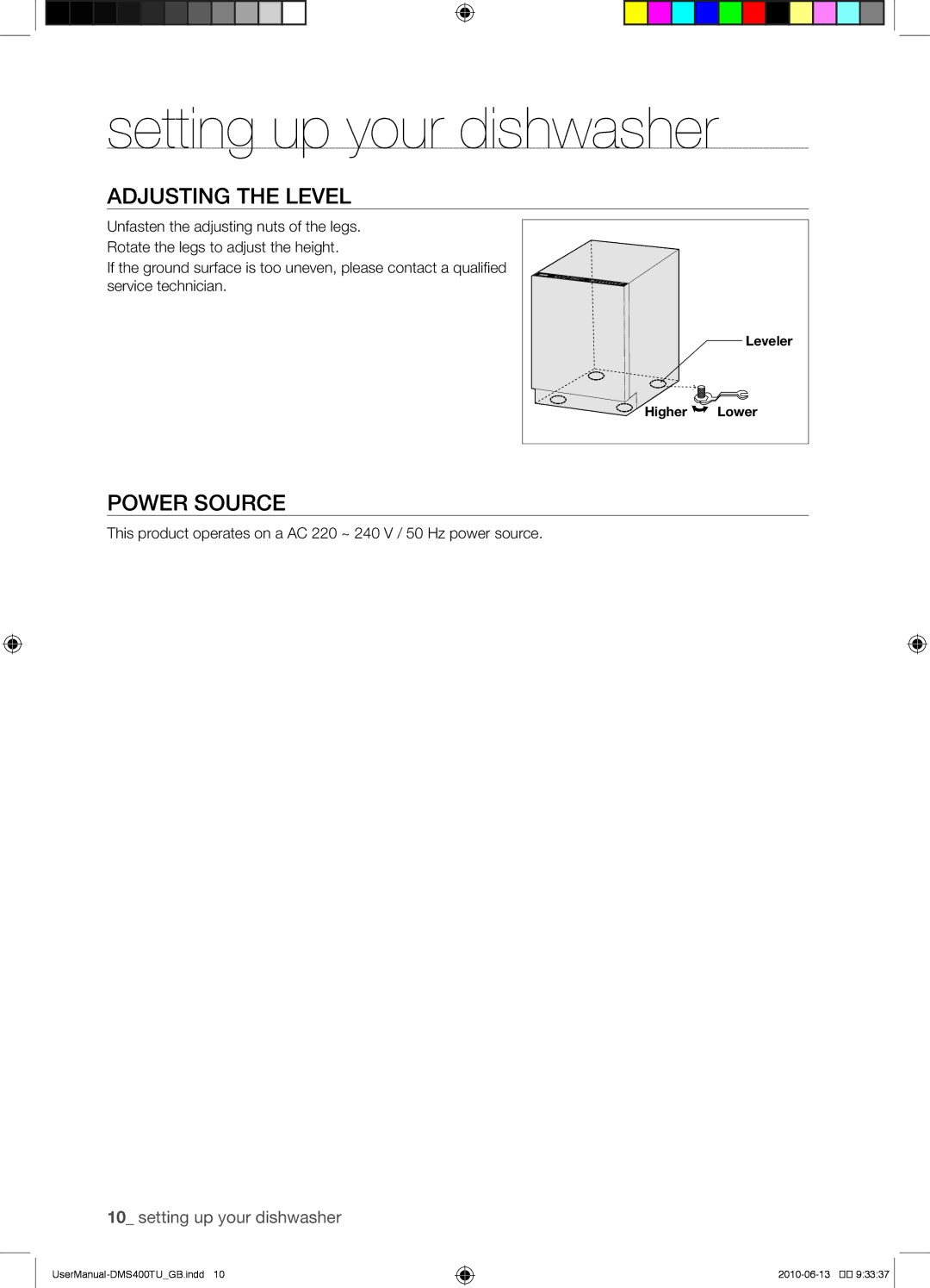 Samsung DMS400TUB/XEO manual Adjusting the level, Power source 