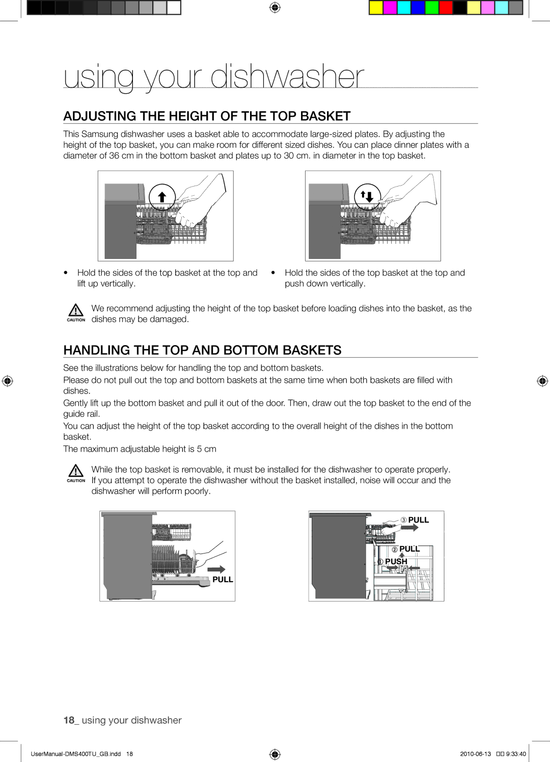 Samsung DMS400TUB/XEO manual Adjusting the height of the top basket, Handling the top and bottom baskets 