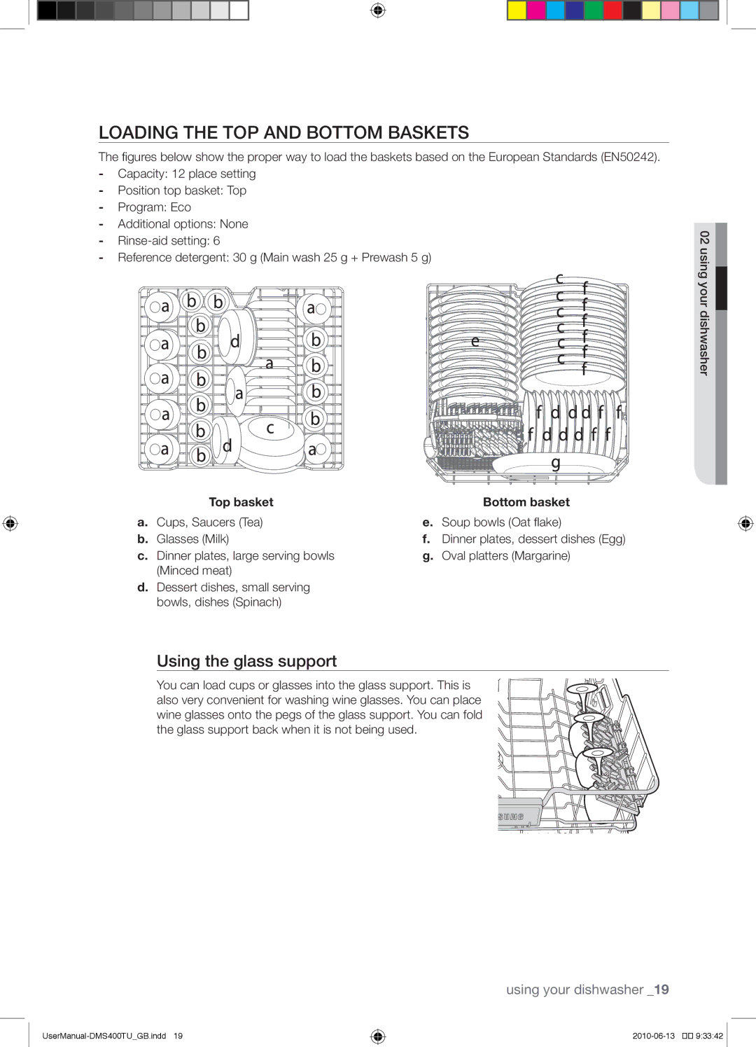 Samsung DMS400TUB/XEO manual Loading the top and bottom baskets, Using the glass support, Top basket, Bottom basket 