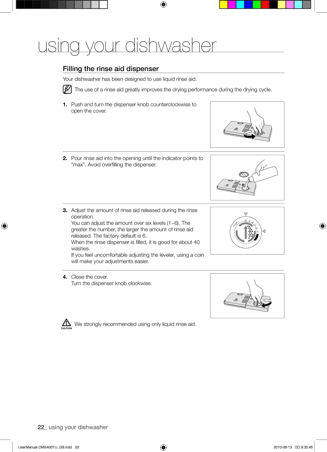 Samsung DMS400TUB/XEO manual Filling the rinse aid dispenser 