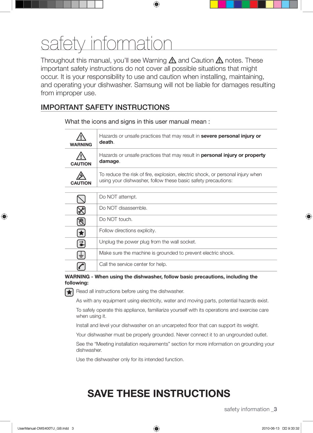 Samsung DMS400TUB/XEO manual Safety information, Important safety instructions, Death, Damage 