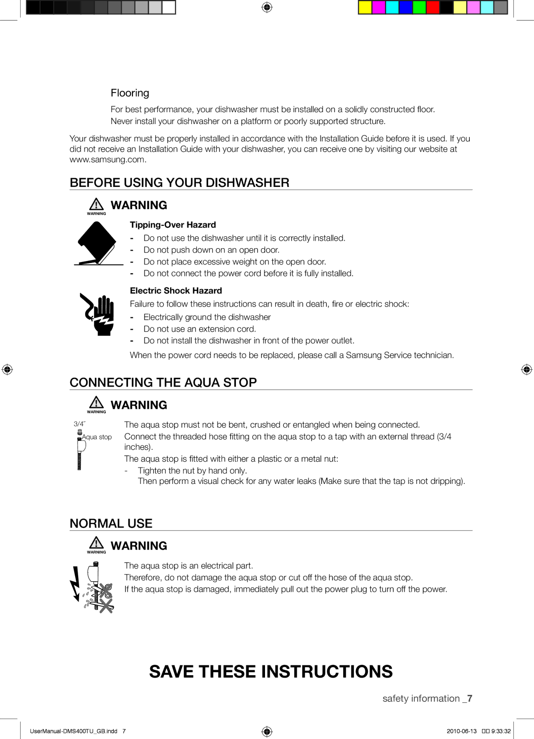 Samsung DMS400TUB/XEO Before using your dishwasher, Connecting the aqua stop, Tipping-Over Hazard, Electric Shock Hazard 