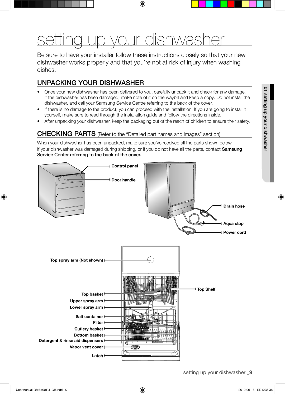 Samsung DMS400TUB/XEO manual Setting up your dishwasher, Unpacking your dishwasher 