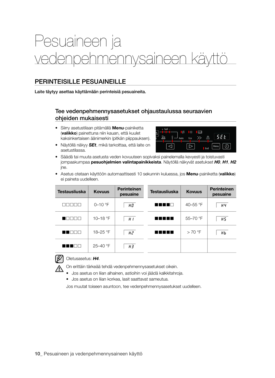 Samsung DMS790BUB/XEE manual Perinteisille pesuaineille, Kovuus Perinteinen Pesuaine, 10 F, 40-55 F 