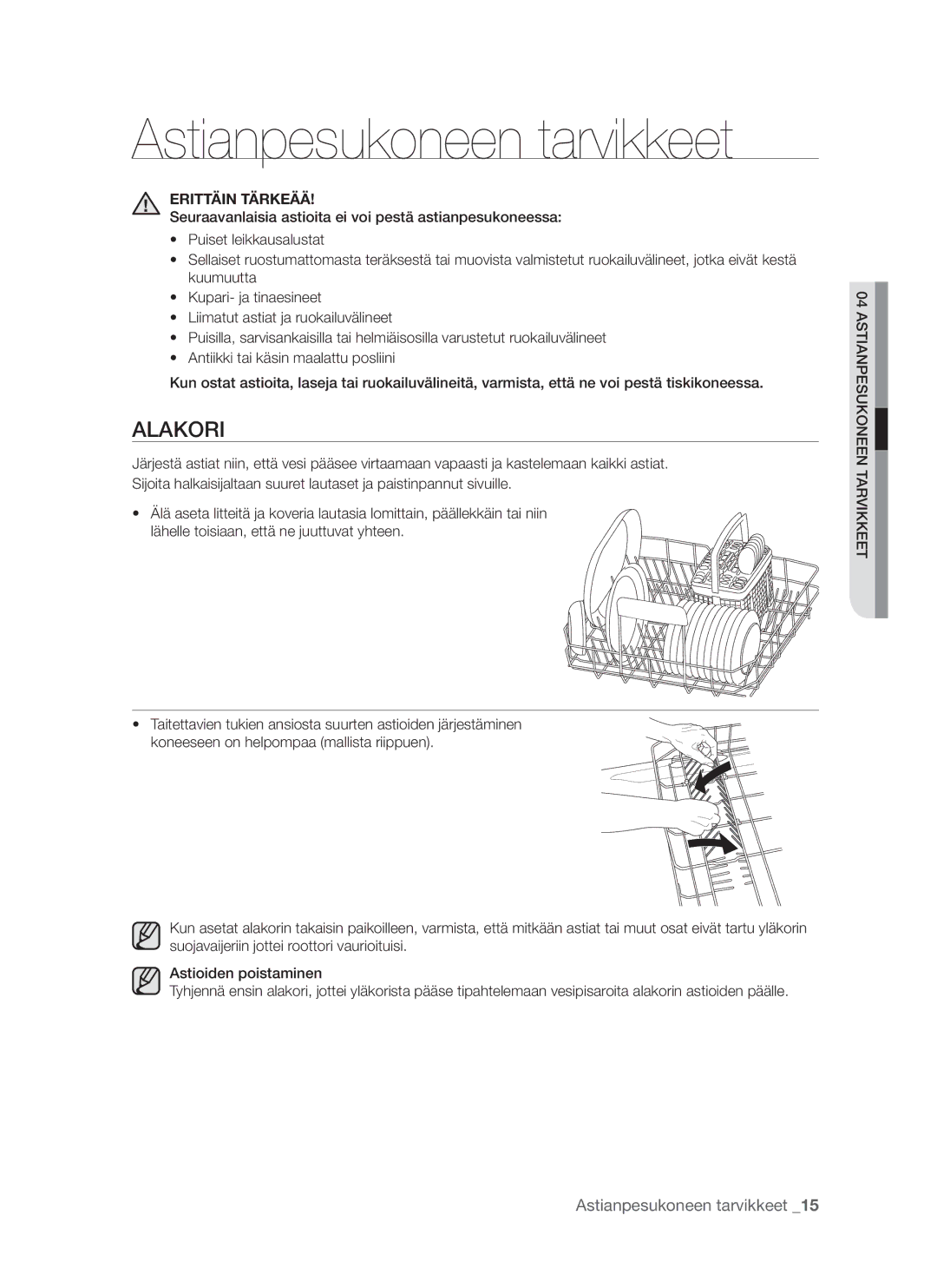 Samsung DMS790BUB/XEE manual Astianpesukoneen tarvikkeet, Alakori 