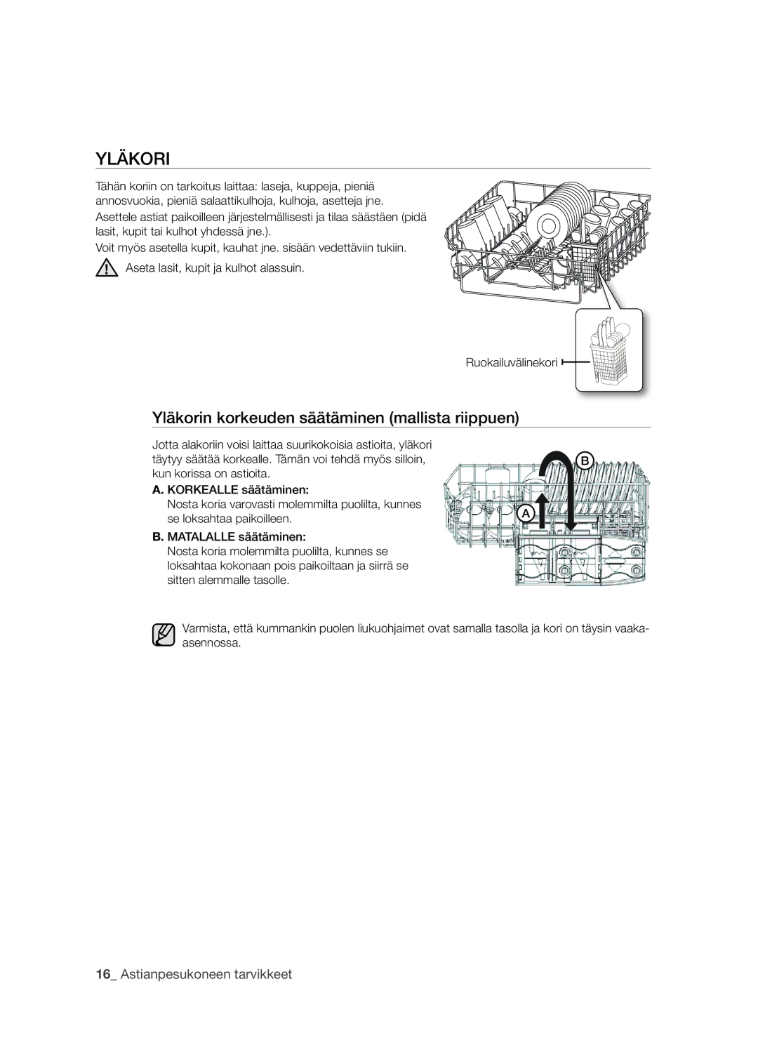 Samsung DMS790BUB/XEE manual Yläkorin korkeuden säätäminen mallista riippuen 