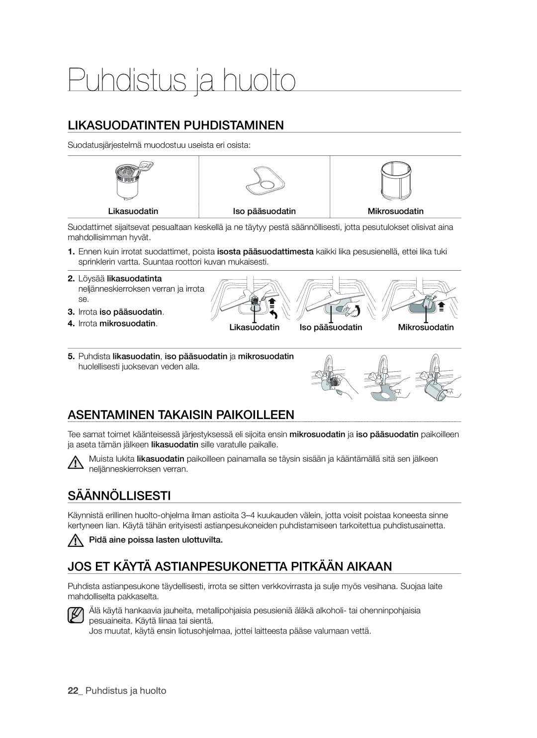 Samsung DMS790BUB/XEE Puhdistus ja huolto, Likasuodatinten puhdistaminen, Asentaminen takaisin paikoilleen, Säännöllisesti 