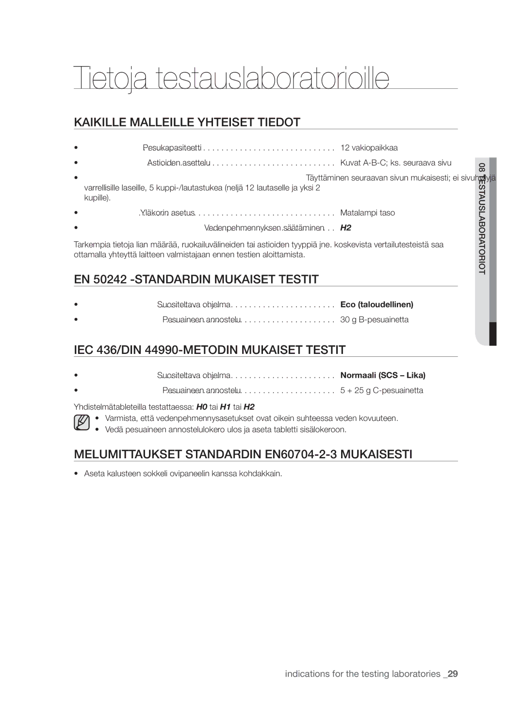 Samsung DMS790BUB/XEE manual Tietoja testauslaboratorioille, Kaikille malleille yhteiset tiedot 