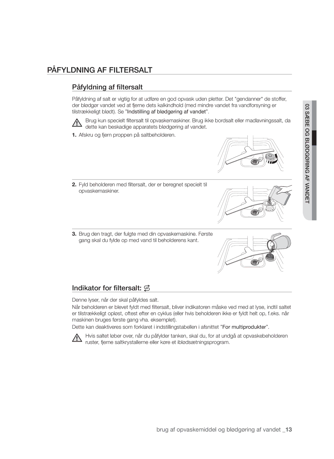 Samsung DMS790BUB/XEE manual Påfyldning af filtersalt, Indikator for filtersalt 