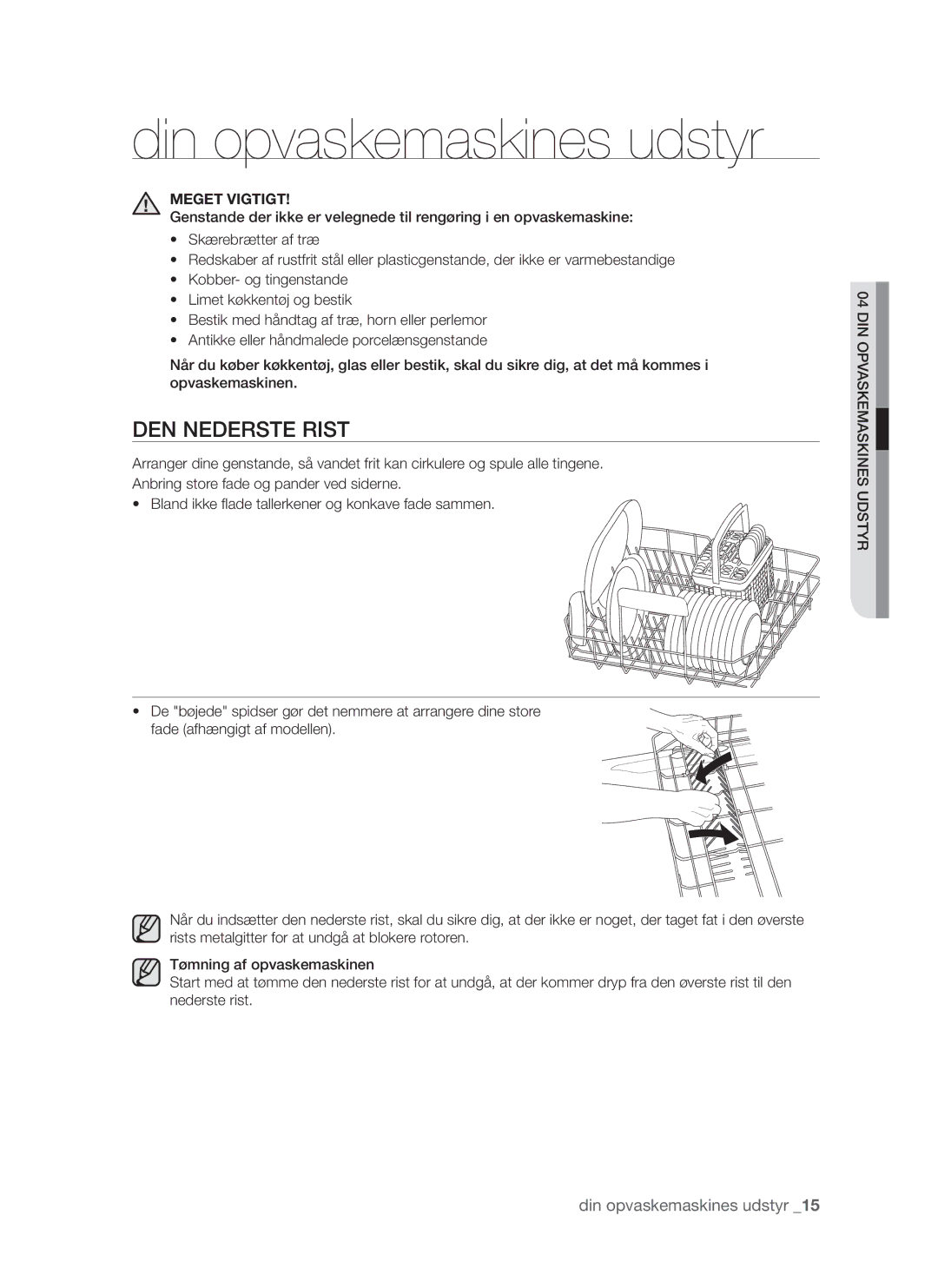 Samsung DMS790BUB/XEE manual Din opvaskemaskines udstyr, Den nederste rist 