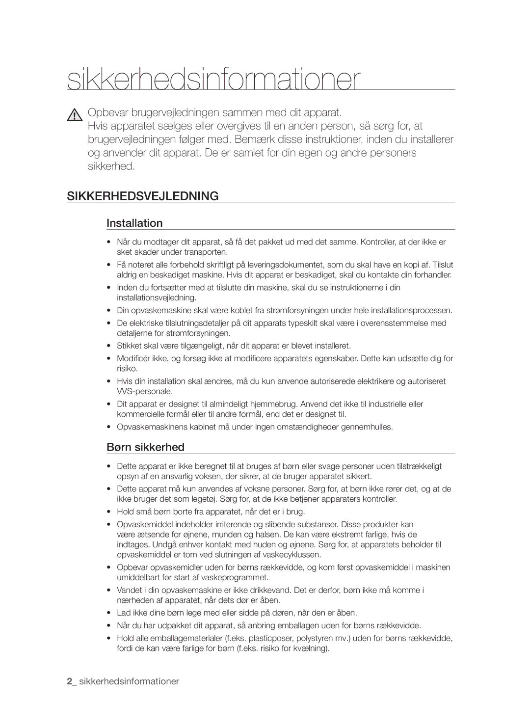 Samsung DMS790BUB/XEE manual Sikkerhedsinformationer, Sikkerhedsvejledning, Installation, Børn sikkerhed 