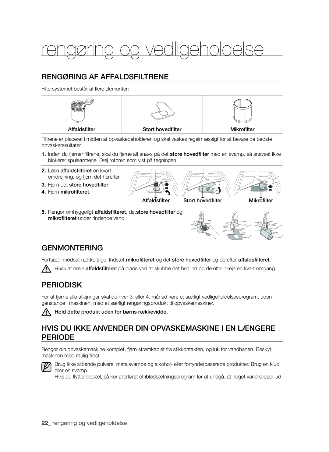 Samsung DMS790BUB/XEE manual Rengøring og vedligeholdelse, Rengøring af affaldsfiltrene, Genmontering, Periodisk 