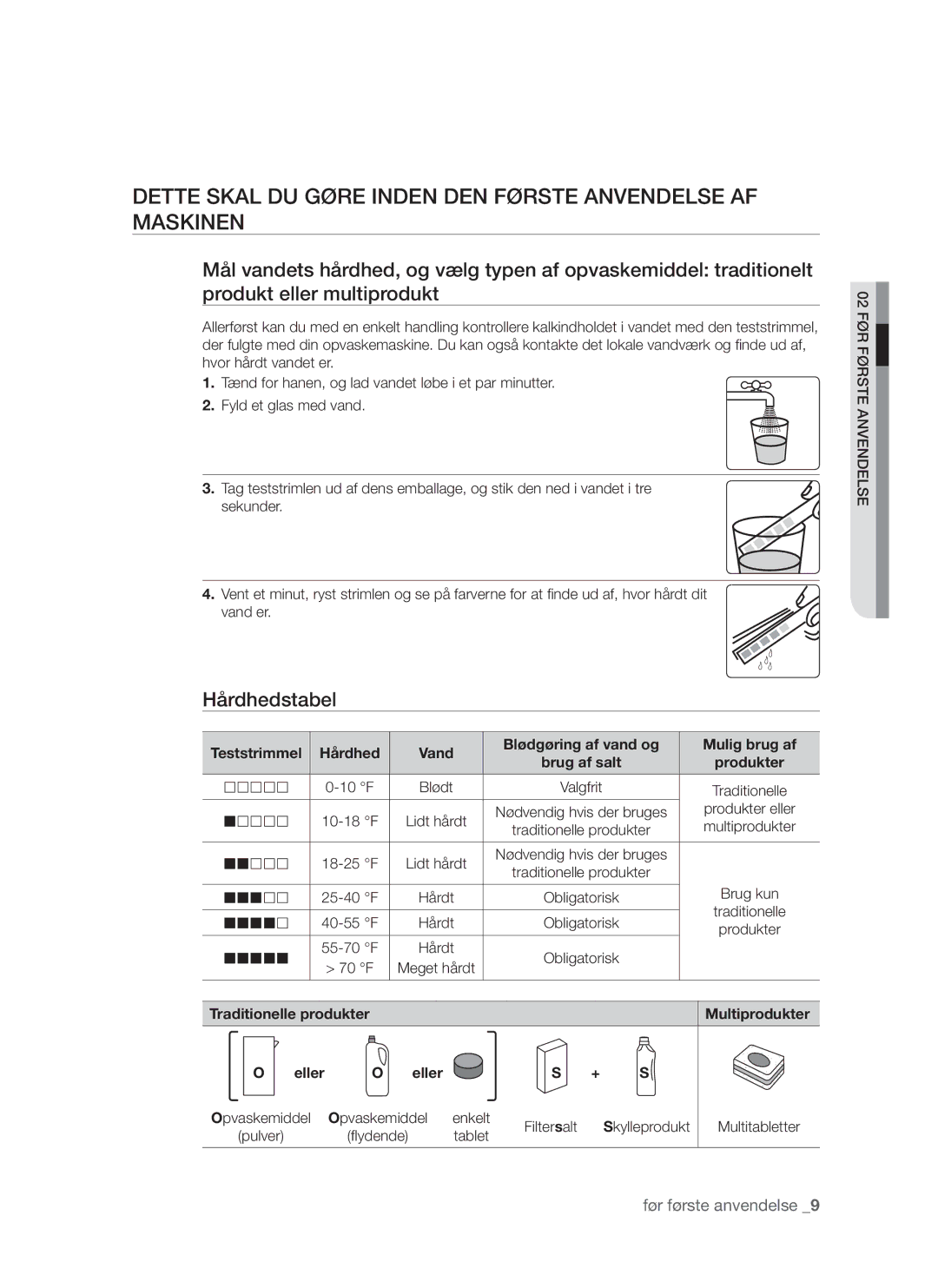 Samsung DMS790BUB/XEE manual Dette skal du gøre inden den første anvendelse af maskinen, Hårdhedstabel 